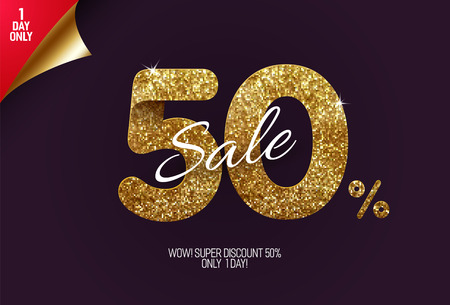 Shine golden sale 50% off, made from small gold glitter squares, pixel style. For sale and discount offers.のイラスト素材