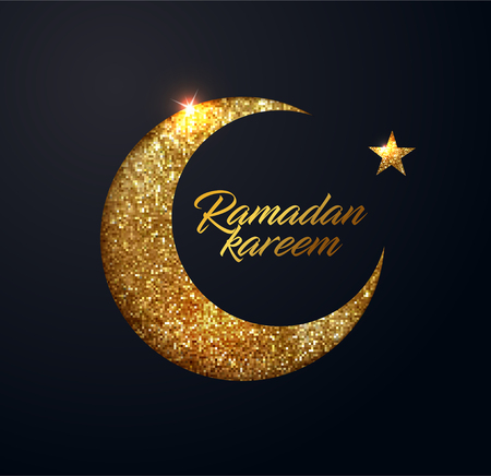 Ramadan Kareem vector background with crescent made from shiny small gold glitter squares, pixel style. Traditional Islamic holy holiday. Creative design greeting card, banner, poster.のイラスト素材