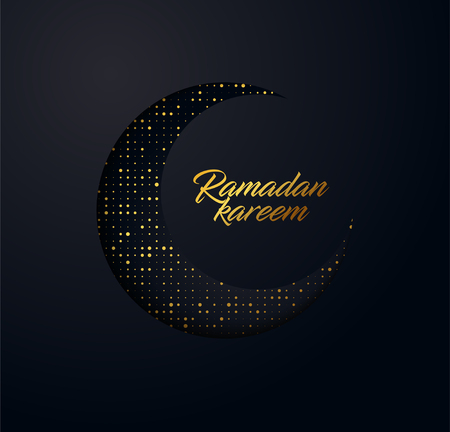 Ramadan Kareem vector background made from shiny small gold dots and effect of the cut paper. Traditional Islamic holy holiday. Creative design greeting card, banner, poster.のイラスト素材