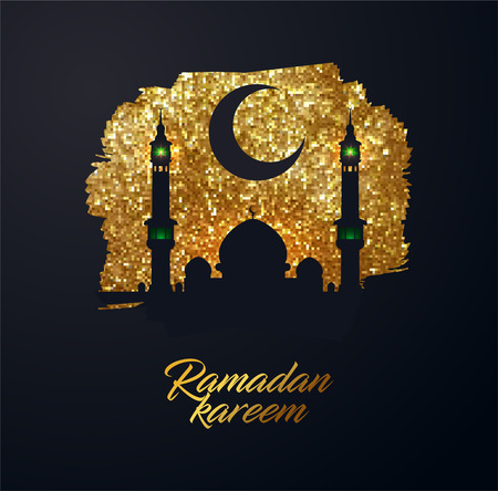 Ramadan Kareem vector background made from shiny small gold glitter squares, pixel style. Traditional Islamic holy holiday. Creative design greeting card, banner, poster.のイラスト素材