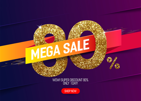 Shine golden sale 80% off with vivid paper ribbon, made from small gold glitter squares, pixel style. For super sale and discount offers.のイラスト素材