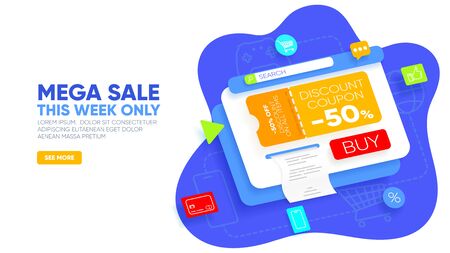 Mega sale landing page. Abstract layered window with discount coupon on -50% off, bill, buy button and icons around. Sale concept for website and mobile website. Vector illustrationのイラスト素材