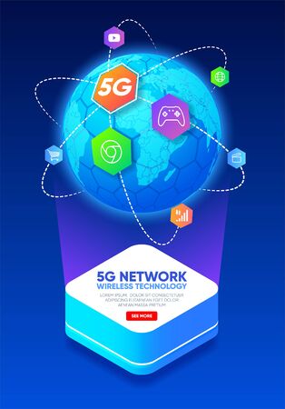 Planet earth with icons around. 5G network wireless technology. Telecommunications communication standard of the new generation. Fifth generation of mobile communication. High-speed mobile Internet. Vector illustrationのイラスト素材