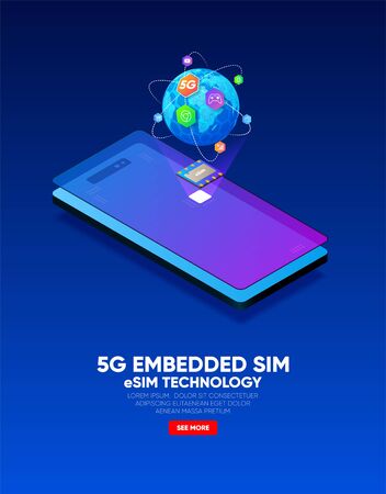 New mobile communication, eSIM card chip technology. Embedded SIM concept. 5G Vector illustrationのイラスト素材