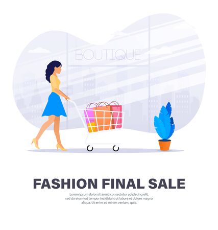 Fashionable woman shopping on the final day of discounts. Girl with multi-colored packages in shopping cart on the background of the city and glass windowsのイラスト素材