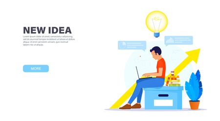 Creative solution concept. Guy sitting on a large office box with a laptop and working in a relaxed atmosphere on a new creative idea. Time management banner. Modern landing page.のイラスト素材