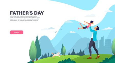 Father with his son spend time together outdoor.  Father playing with his son. Landing page design. Modern Vector illustration for websitesのイラスト素材