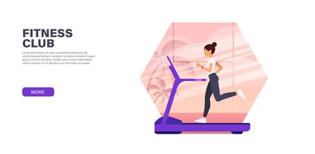A yang girl trains on a treadmill in a sports club. Vector modern concept landing page for fitness websites or app.のイラスト素材