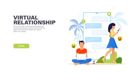 Virtual relationships. Handsome man sitting in lotus position with laptop and chatting with pretty woman with phone. Dating app and virtual relationship. Vector modern landing page. のイラスト素材