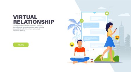Virtual relationships. Handsome man sitting in lotus position with laptop and chatting with pretty woman with phone. Dating app and virtual relationship. Vector modern landing page. のイラスト素材