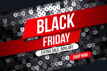 Modern Black Friday banner with black sequin fabric effect for special offers, sales and discounts. Promotion and shopping template for Extra sale 50% off. Limited time offerのイラスト素材