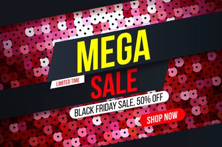 Modern Mega sale banner with red sequin fabric effect for special offers, sales and discounts. Promotion and shopping template for Black Friday 50% off. Limited time offerのイラスト素材