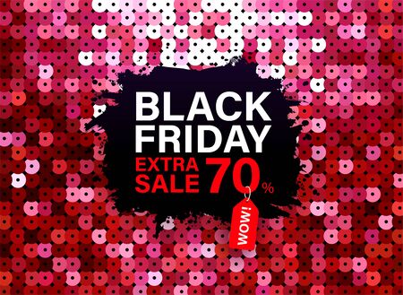 Modern Black Friday banner with red sequin fabric effect for special offers, sales and discounts. Promotion and shopping template for Extra sale 70% off. Limited time offerのイラスト素材