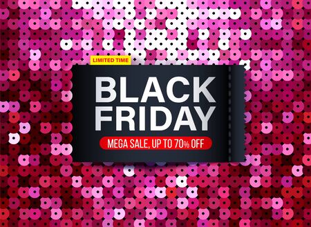 Modern Black Friday banner with pink sequin fabric effect for special offers, sales and discounts. Promotion and shopping template for Mega sale 70% off. Limited time offerのイラスト素材