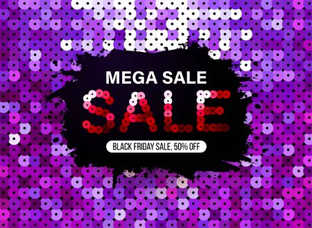 Modern Black Friday banner with purple sequin fabric effect for special offers, sales and discounts. Promotion and shopping template for Mega sale 50% off. Limited time offerのイラスト素材
