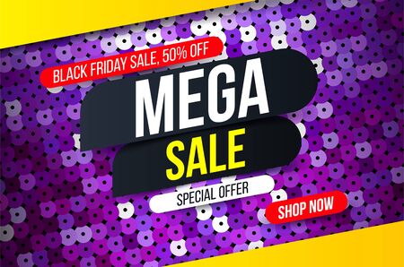 Modern Mega sale banner with purple sequin fabric effect for special offers, sales and discounts. Promotion and shopping template for Black Friday 50% off. Limited time offerのイラスト素材