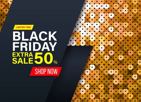 Modern Black Friday banner with gold sequin fabric effect for special offers, sales and discounts. Promotion and shopping template for Extra sale 50% off. Limited time offerのイラスト素材