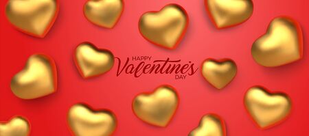 Happy Valentines Day. Awesome red background with realistic 3d glossy golden hearts. Amazing design horizontal red banner with glitter chocolate hearts in gold foil. Vector illustrationのイラスト素材