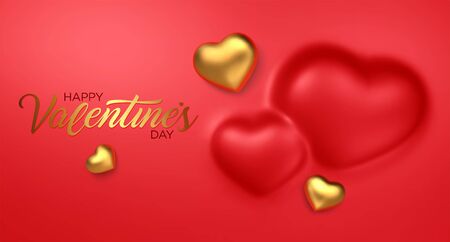 Happy Valentines Day. Awesome convex background with realistic 3d golden hearts. Amazing design horizontal red banner with chocolate hearts in gold foil. Vector illustrationのイラスト素材