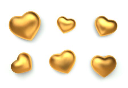 Set of amazing realistic golden hearts, isolated on white background. 3d vector template for Valentines day or wedding design greeting card. Vector illustrationのイラスト素材