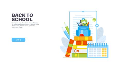 Back to school. Blue backpack with school supplies on a stack of books. Online education or ebook reading concept. Vector modern landing page.のイラスト素材