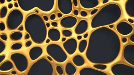 Luxury abstract gold background. Realistic golden organic irregular mesh with holes. Futuristic liquid gold pattern with shadow. Vector illustration, isolated on dark backgroundのイラスト素材