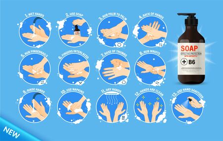 Medical instructions how to wash your hands. Step-by-step instructions how should wash your hands to stay healthy. Clean hands keep you healthy.  Soap bottleのイラスト素材