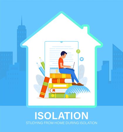 Self isolation concept. Young man studying from home during Covid-19. All stay at home. Self-isolate from a pandemic. Remote studying from home during Quarantine. Vector flat illustrationのイラスト素材