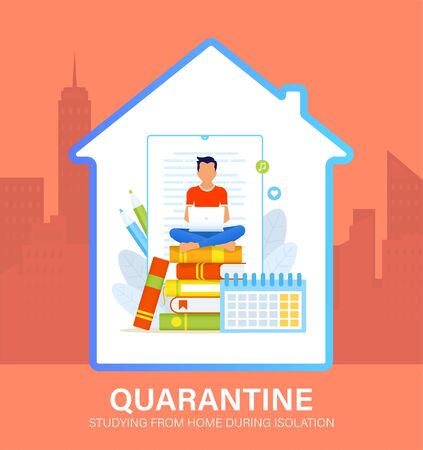 Self isolation concept. Young man studying from home during Covid-19. All stay at home. Self-isolate from a pandemic. Remote studying from home during Quarantine. Vector flat illustrationのイラスト素材