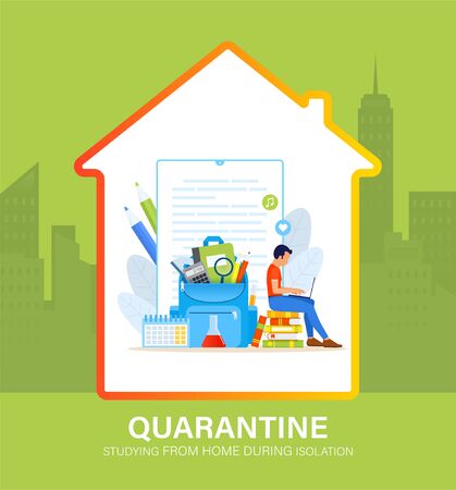 Self isolation concept. Young man studying from home during Covid-19. All stay at home. Self-isolate from a pandemic. Remote studying from home during Quarantine. Vector flat illustrationのイラスト素材