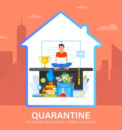 Self isolation concept. Young man studying from home during Covid-19. All stay at home. Self-isolate from a pandemic. Remote studying from home during Quarantine. Vector flat illustrationのイラスト素材