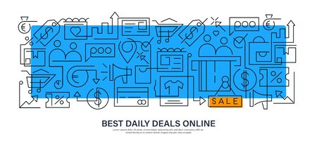Modern creative banner design in outline style for shopping, big sale or discount. Best daily deals online. Doodle style illustration for website, banners or printed materials. Doodle design style conceptのイラスト素材
