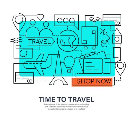 Modern creative banner design in outline style for Travel deals online. Shop tour now. Doodle style illustration for website, banners or printed materials. Travel and tourism concept.のイラスト素材