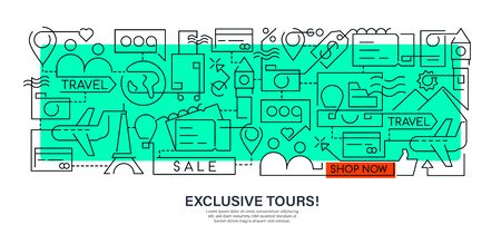 Modern creative banner design in outline style for Travel deals online. Shop tour now. Doodle style illustration for website, banners or printed materials. Travel and tourism concept.のイラスト素材