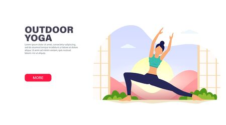 Young woman does yoga exercise - relax in nature. Modern flat design concept for website and mobile app.のイラスト素材