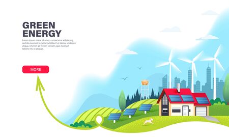 Alternative energy landing page template with solar panels and wind turbines. Ecological sustainable energy supply. Green energy and eco friendly house. Modern flat vector illustration. のイラスト素材
