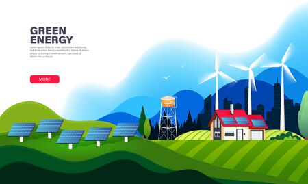 Alternative energy landing page template with solar panels and wind turbines. Ecological sustainable energy supply. Green energy and eco friendly house. Modern flat vector illustration. のイラスト素材