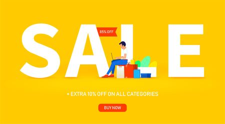 Modern banner design  for sale and discount. Extra sale on all categories. Young man with laptop sitting near a large inscription SALE orange background.のイラスト素材