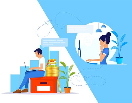 Support manager with headset remote helps a young man in solving his problem. Support service concept. Live chat operator or Online customer support service assistant. のイラスト素材