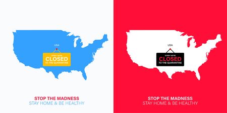 Usa map silhouette with hanging sign plate. Closed for quarantine due to coronavirus. United States is isolated from the whole world. Stay home during Covid-19. Stop the madness during Quarantine.のイラスト素材
