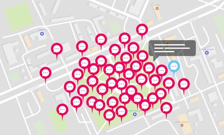The concept of virtual meetings on the map. Comments or conversations on the map through the application. Protest or global strike over the Internet on a map. Vector illustrationのイラスト素材
