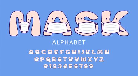 Cute cartoon alphabet in white medical masks for kids. Set of letters and numbers in medical masks for children. Vector illustrationのイラスト素材