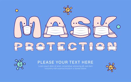 Mask protection inscription on blue background from cute letters in medical masks. Vector illustration for children in cartoon styleのイラスト素材