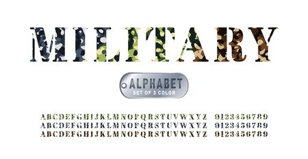 Set of military alphabets in 3 colors. Set of letter and numbers with camouflage background. Camouflage military stencil font isolated on white background. Vector illustrationのイラスト素材