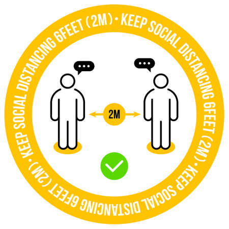 Social Distancing Instruction with the request "Keep Social distancing". Black and Yellow color. Keep the 2 meter or 6 feet distance.のイラスト素材
