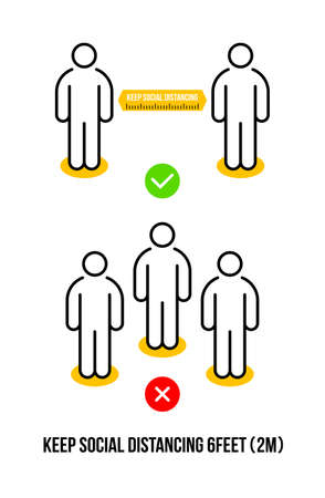 Social Distancing Instruction with the request "Keep Social distancing". Black and Yellow color. Keep the 2 meter or 6 feet distance.のイラスト素材