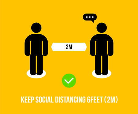 Social Distancing Instruction with the request "Keep Social distancing". Black and Yellow color. Keep the 2 meter or 6 feet distance.のイラスト素材