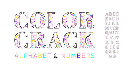 Set of colorful font letters and numbers with decorative Ñracked surface. Broken into colorful pieces. Isolated bright alphabet on white background. Colored mosaic lines inside letters. Outline styleのイラスト素材