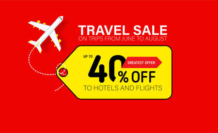 Travel sale banner with yellow tag. Hot fares for domestic and International flights. Greatest deal on sale flights, book hotels online. Cheap travel offer.のイラスト素材