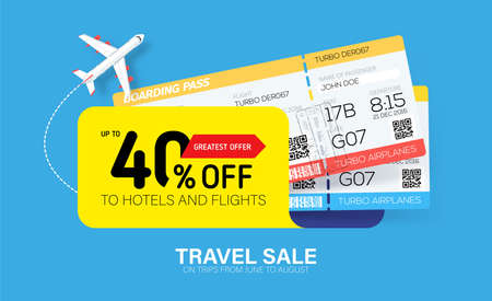 Travel sale banner with yellow tag and tickets. Hot fares for domestic and International flights. Greatest deal on sale flights, book hotels online. Cheap travel offer.のイラスト素材